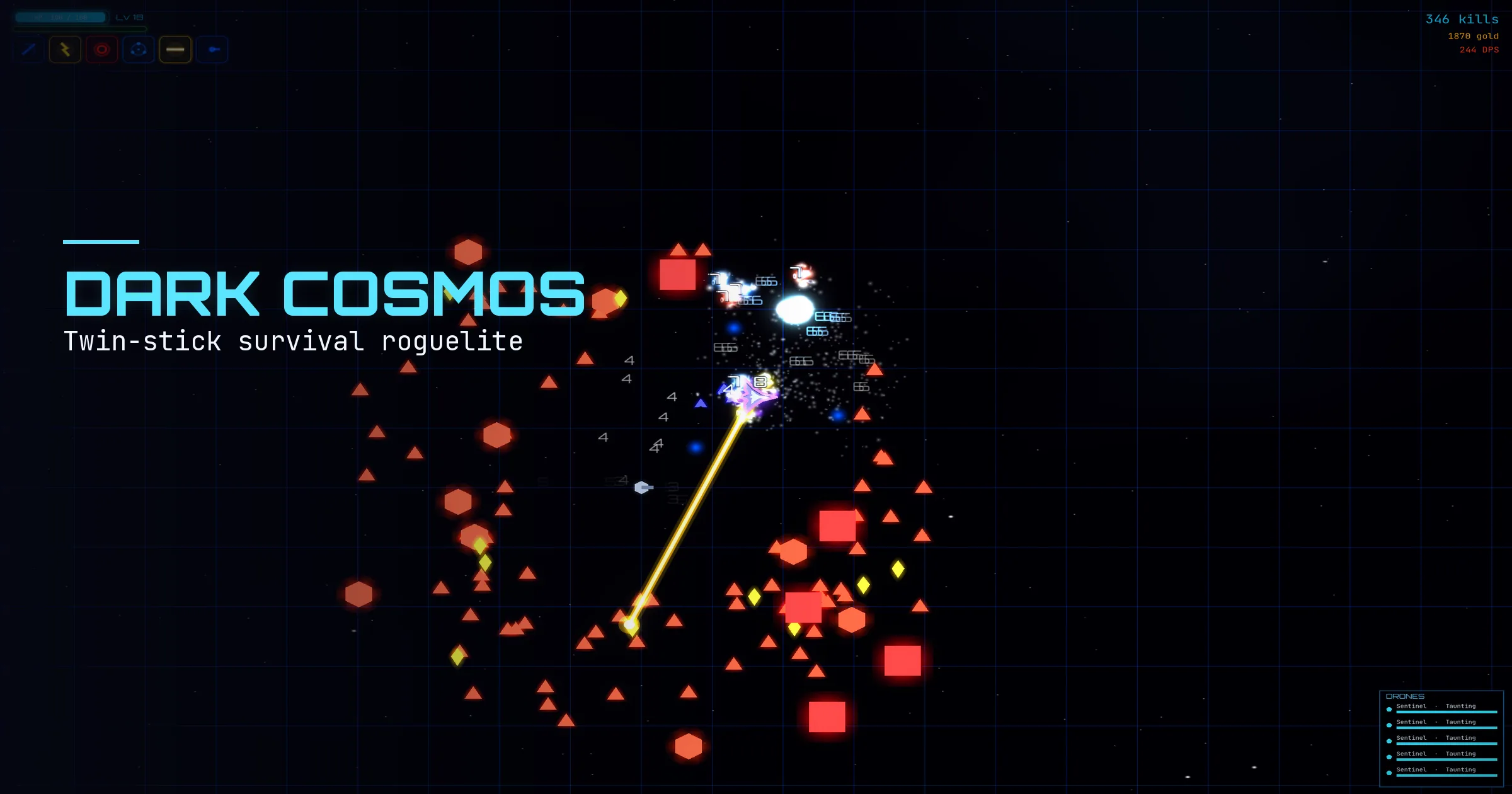 Dark Cosmos key art: the player's ship at the centre of a neon swarm