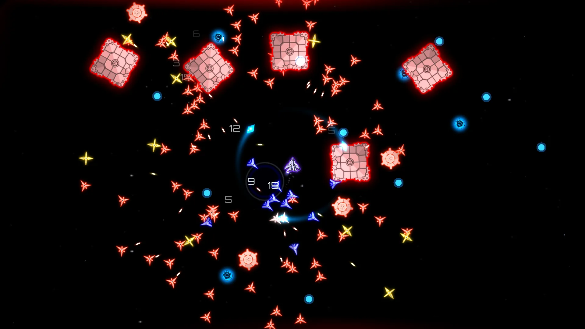 A real Dark Cosmos frame: the player's ship in the middle of a swarm of neon enemies, orbiting shards cutting through them