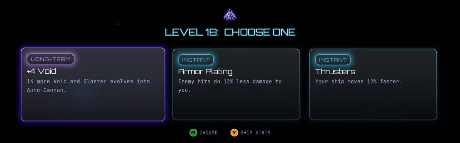 The level-up screen offering three choices: +4 Void towards evolving the Blaster, Armor Plating, and Thrusters